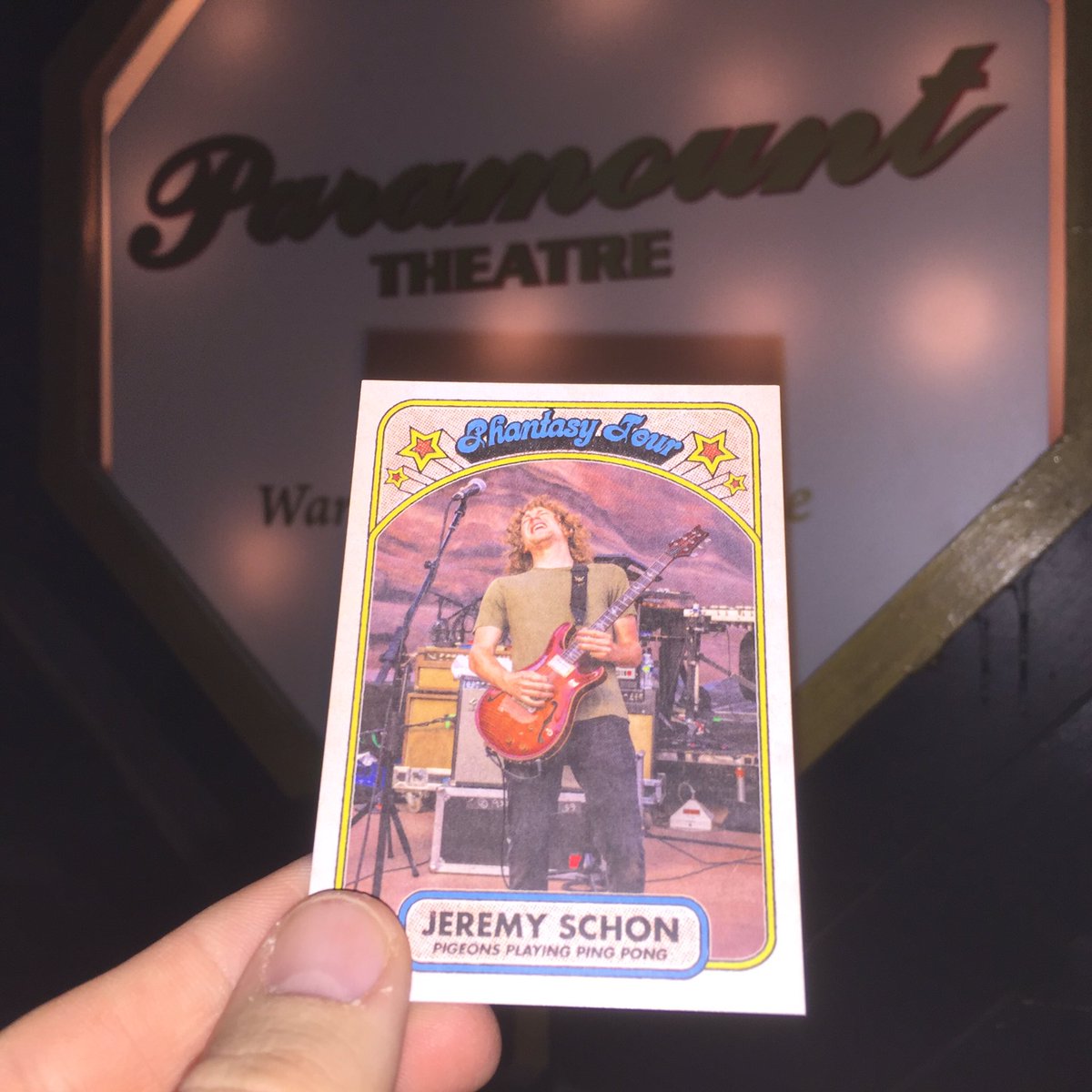 We’re at the Paramount handing out Jeremy cards until they run out. Then we’ll hand out Alex cards until they run out. 1 card per person. Greg and Ben tomorrow. #phantasytour #pppp #phantasycards <a href="/pigeonsplaying/">Pigeons Playing Ping Pong</a>