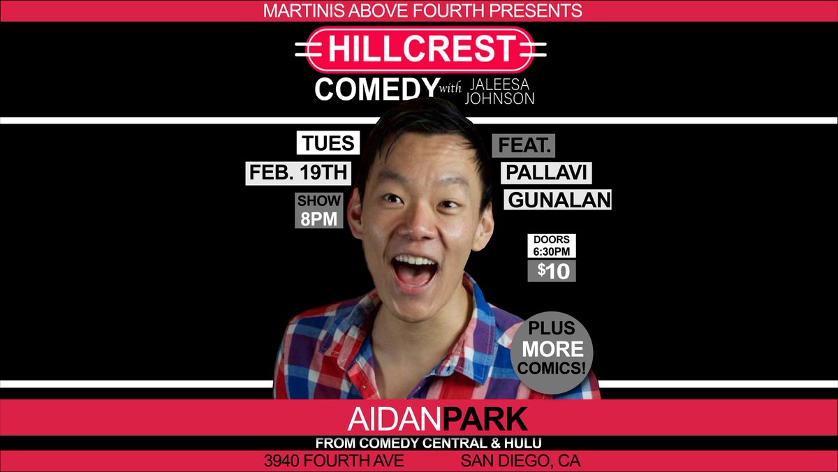 HillcrestComedy's tweet photo. Next month's @HillcrestComedy headliner is Aidan Park from @ComedyCentral &amp; @hulu! Featuring is the very funny @PallaviGunalan! Plus @carlita_bear @tweetjaleesa + MORE! Tickets on sale this week! https://t.co/EQhFkYwXuB