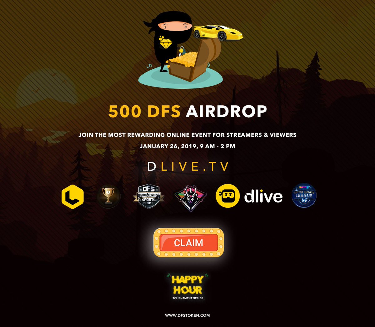 500 $DFS + 1 JACKPOT 🎟️

🚨48 HOUR AIRDROP🚨

🥇Sign up for <a href="/OfficialDLive/">DLive</a> here: dlive.tv/refer?name=dig… &amp; claim your TICKET!
🥈Retweet &amp; Follow $DFS - dlive.tv/dfstoken 
🥉Screenshot steps 1 &amp; 2 in the #🍋happy-hour discord: discord.gg/awDHuD3

Arrives 1/26 <a href="/CRYPTOESL/">CRYPTO ESPORTS LEAGUE</a>