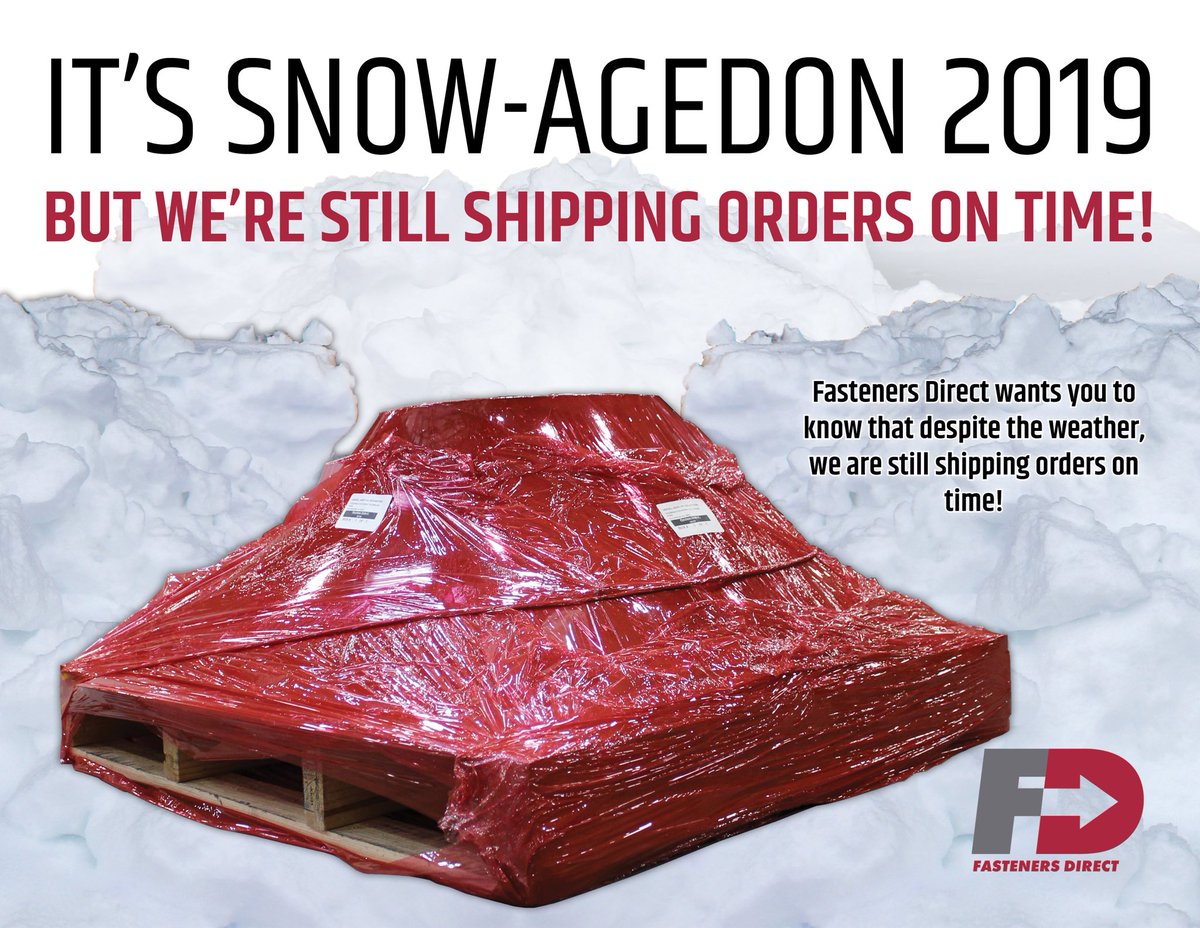 FastenersDirect's tweet photo. Fasteners Direct wants you to know that despite the weather, weβre still shipping orders on time!
#ontime #shipping #snowstorm2019 #snow #weather #shippingontime #fastenersdirect #fastenersdirectnews #buildingyourbusinessonefasteneratatime #reducingdowntime #nodowntime https://t.co/PNJfsJnPmP