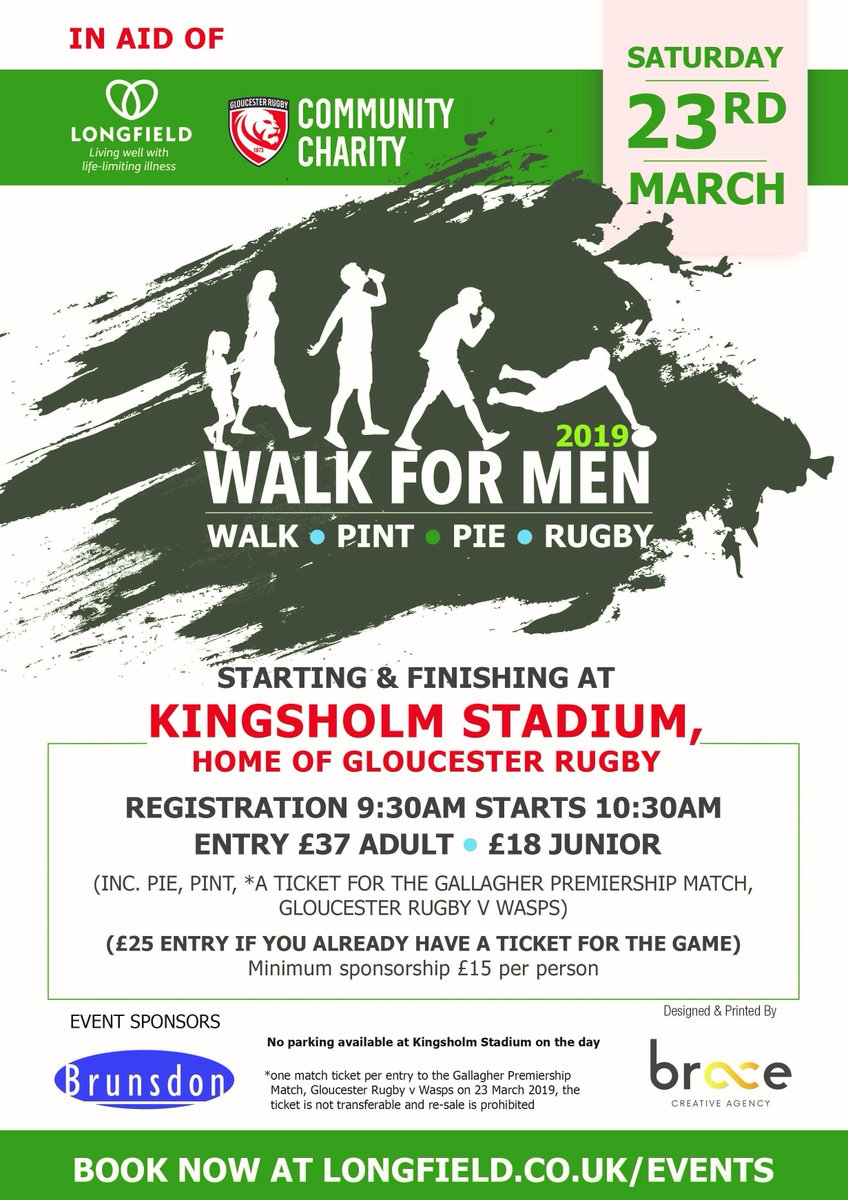 Join us for a 10k walk, pie, pint and rugby Sat 23rd March 2019. <a href="/gloucesterrugby/">Gloucester Rugby 🍒</a> vs <a href="/WaspsRugby/">Wasps Rugby</a> Must book before 28th Feb.... buff.ly/2EFTbRc Raising much needed for funds for <a href="/longfieldcare/">Longfield Hospice</a> &amp; <a href="/GR_communityDpt/">Gloucester Rugby Community</a> #rugby #Gloucester #hospice #fundraising #community