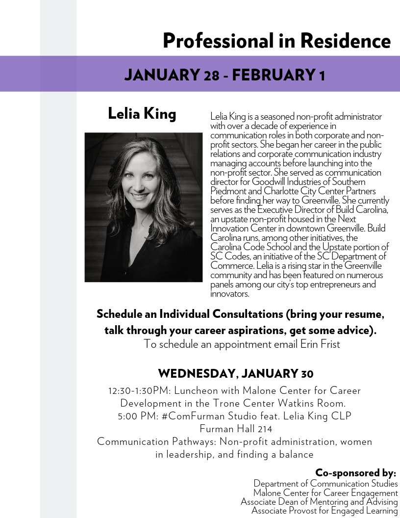comfurman1's tweet photo. Let’s give a #comfurman welcome to our #professionalinresidence Lelia King. Lelia is a seasoned non-profit administrator with over a decade of experience in communication roles. She will be offering career advice as well as sharing her expertise with the @FurmanU campus next week https://t.co/7xY3waE5f7