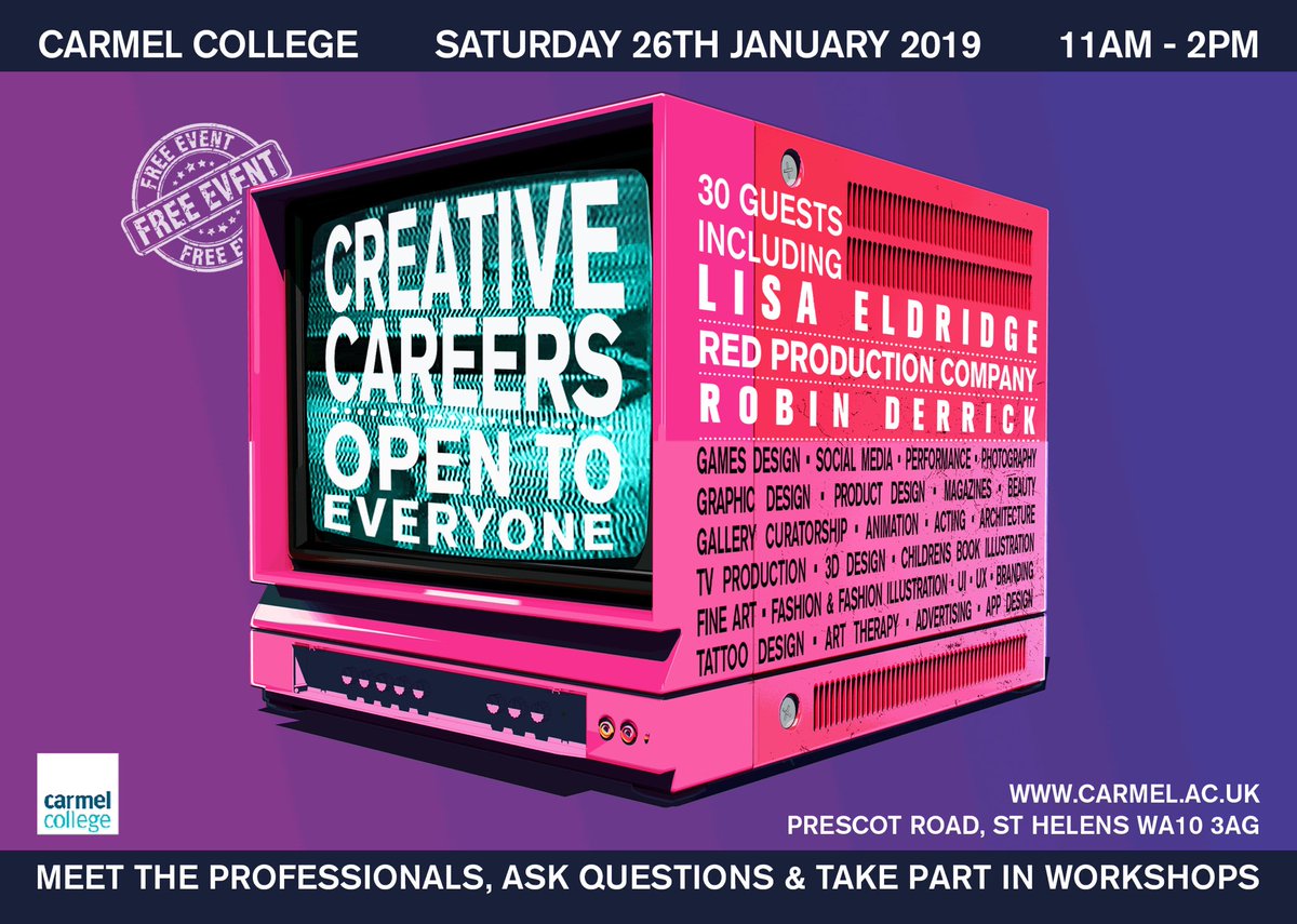 CarmelCreatives's tweet photo. THIS SATURDAY from 11-2pm FREE #CreativeCareers event @CarmelCollege WELCOME TO ALL #CreativeIndustries #sthelens https://t.co/9p3kdBW9hT