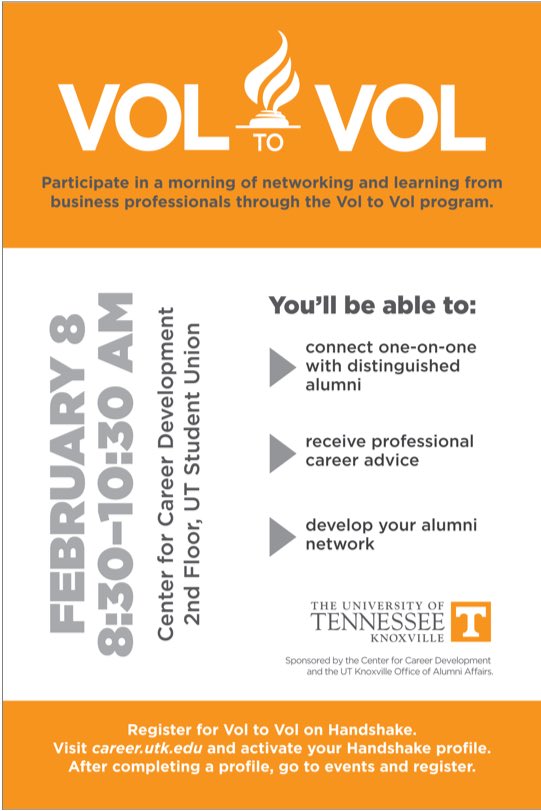 UTK_SAA's tweet photo. VOL-TO-VOL is back! Participate in a morning of networking and learning from business professionals! February 8 from 8:30-10:30am! Register on Handshake! https://t.co/XkFI5ltfjN