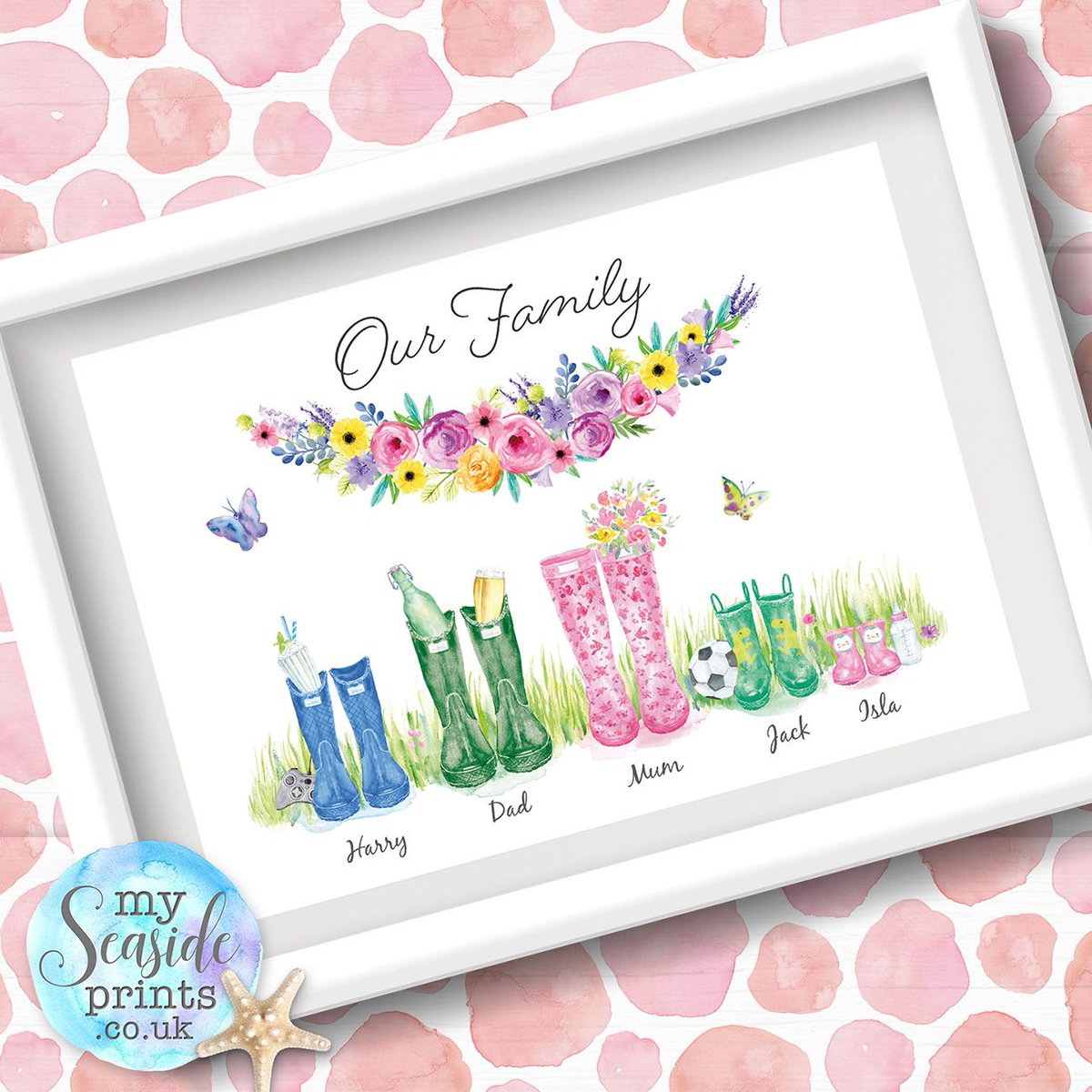 🌸 New version of the #wellybootprint with added grass, flowers and #butterflies. 🌸 Perfect gift for #MothersDay 
#personalisedgifts #personalisedprint #birthdaygift #custommade #myseasideprints  #familygift  #wellingtonfamilyprint #newhomegift #mothersday2019 #mothersdaygift
