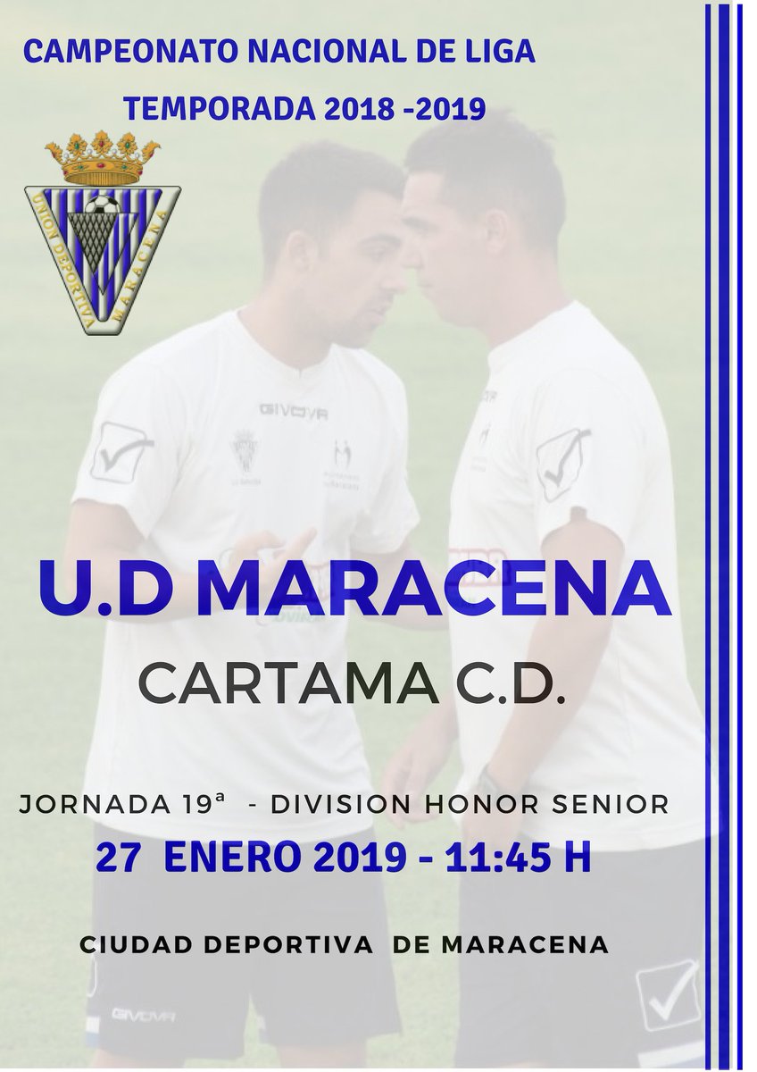 ⚽ ¡ PRÓXIMO PARTIDO DE LIGA !  ⚽  

🆚 Cartama C.D <a href="/CDCartama/">CD Cártama</a>       

📅Domingo, 27/01    ⏱11:45 

🏟 Ciudad Deportiva Maracena  

#VamosMaracena    
#DivisiónHonorSenior