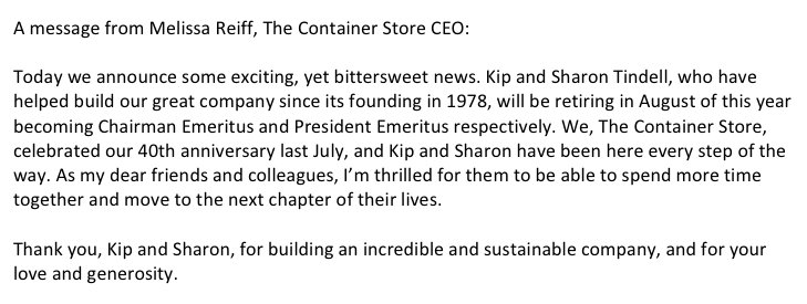 ContainerStore's tweet photo. A message from Melissa Reiff, The Container Store CEO. https://t.co/HTXlnpiRHU