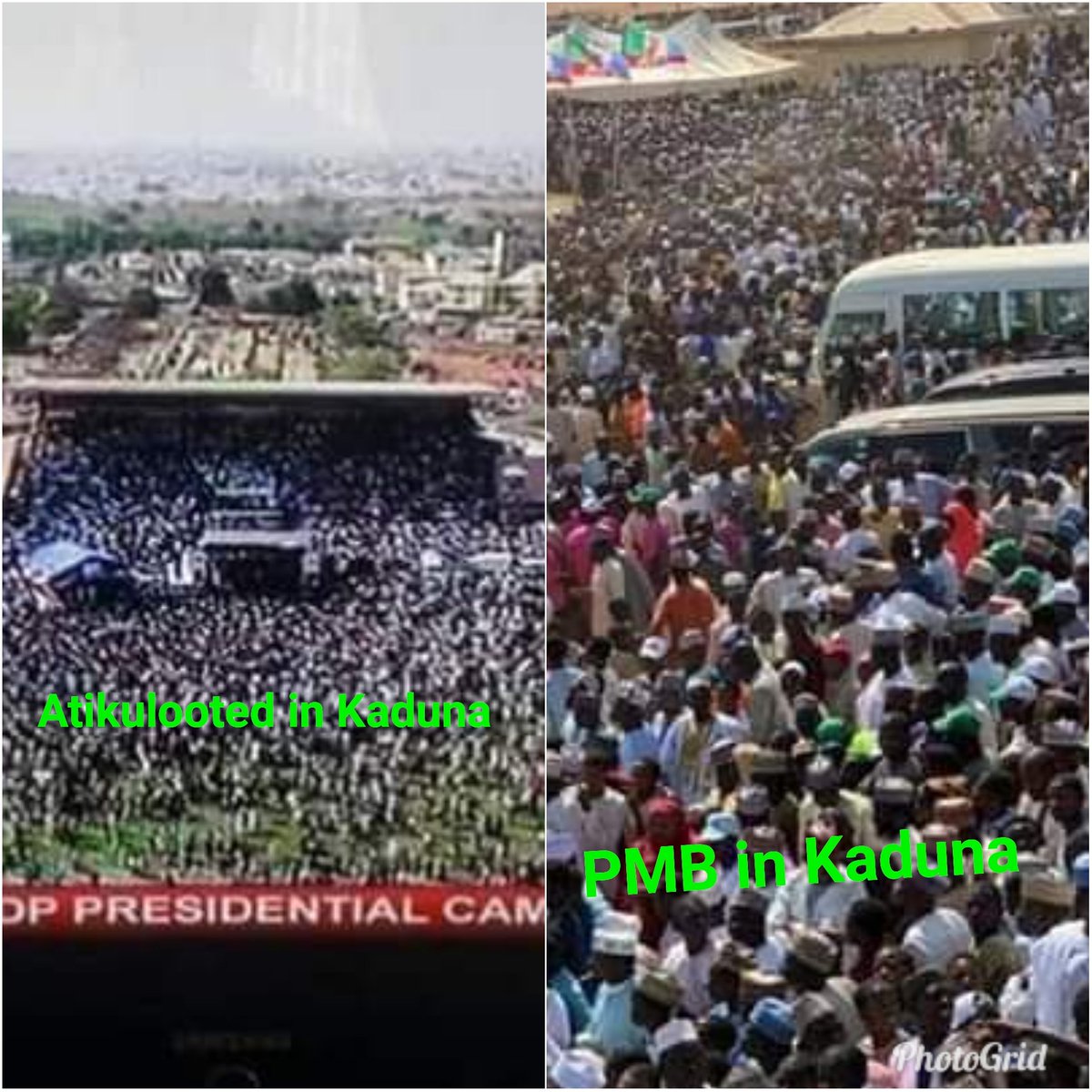 AdabanijaQomaru's tweet photo. This is pictorial evidence of the two presidential campaign rallies both in Kaduna state by president @MBuhari and @atiku
The different is very clear, mind you one is natural while the other one is dollarized and still can't match #NextLevelmovement. https://t.co/WC0GyUq5BH