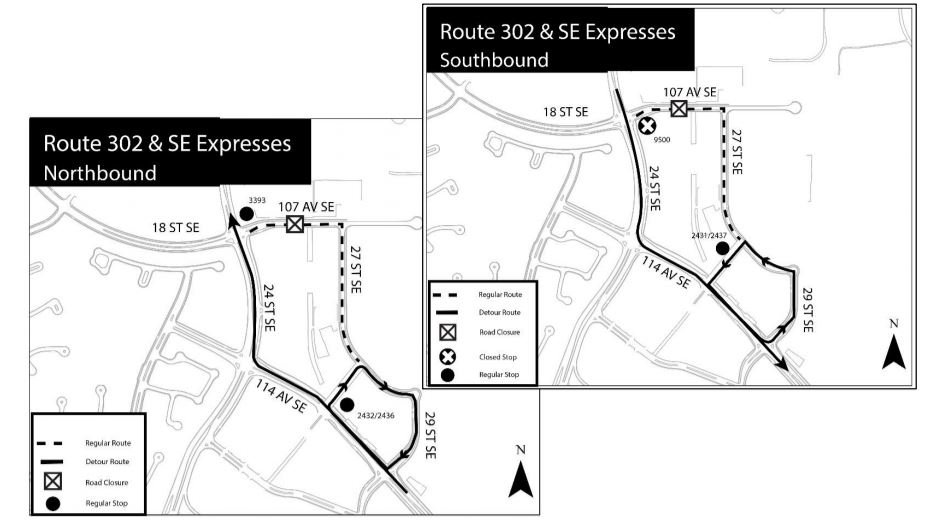 calgarytransit's tweet photo. #CTRiders DETOUR #Route302 #Route133 #Route151 #Route117 #Route103 are on detour until Feb. 19th due to utility work on 107 Av SE. Stop #9500 located on eastbound 107 Avenue at 24 Street S.E. will be temporarily closed. Please use nearby stops #2431 #2437. https://t.co/wa7R0Bmuf2