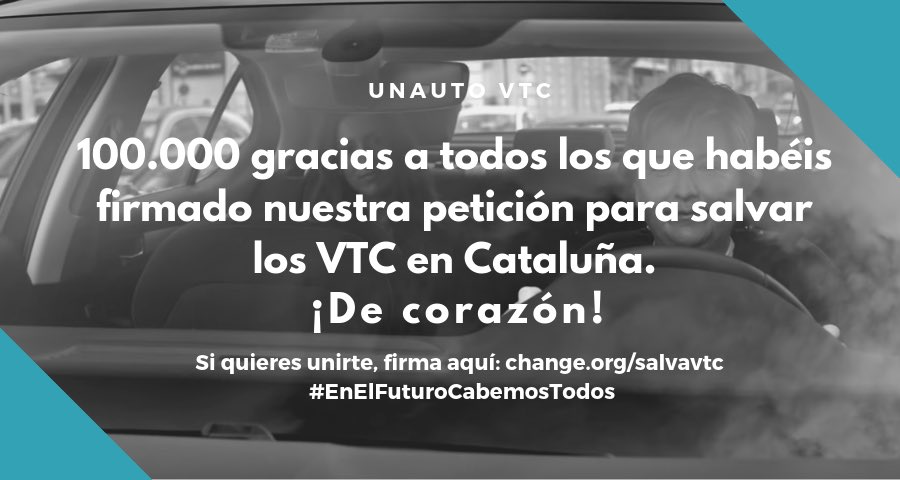 unautovtc's tweet photo. 100.000 gracias a todos los que habéis firmado nuestra petición para salvar los VTC en Cataluña.

               Gracias. De corazón. 

Si quieres unirte, firma aquí👇🏼
https://t.co/rdEBHix3hZ https://t.co/Xj0jYxHaJc