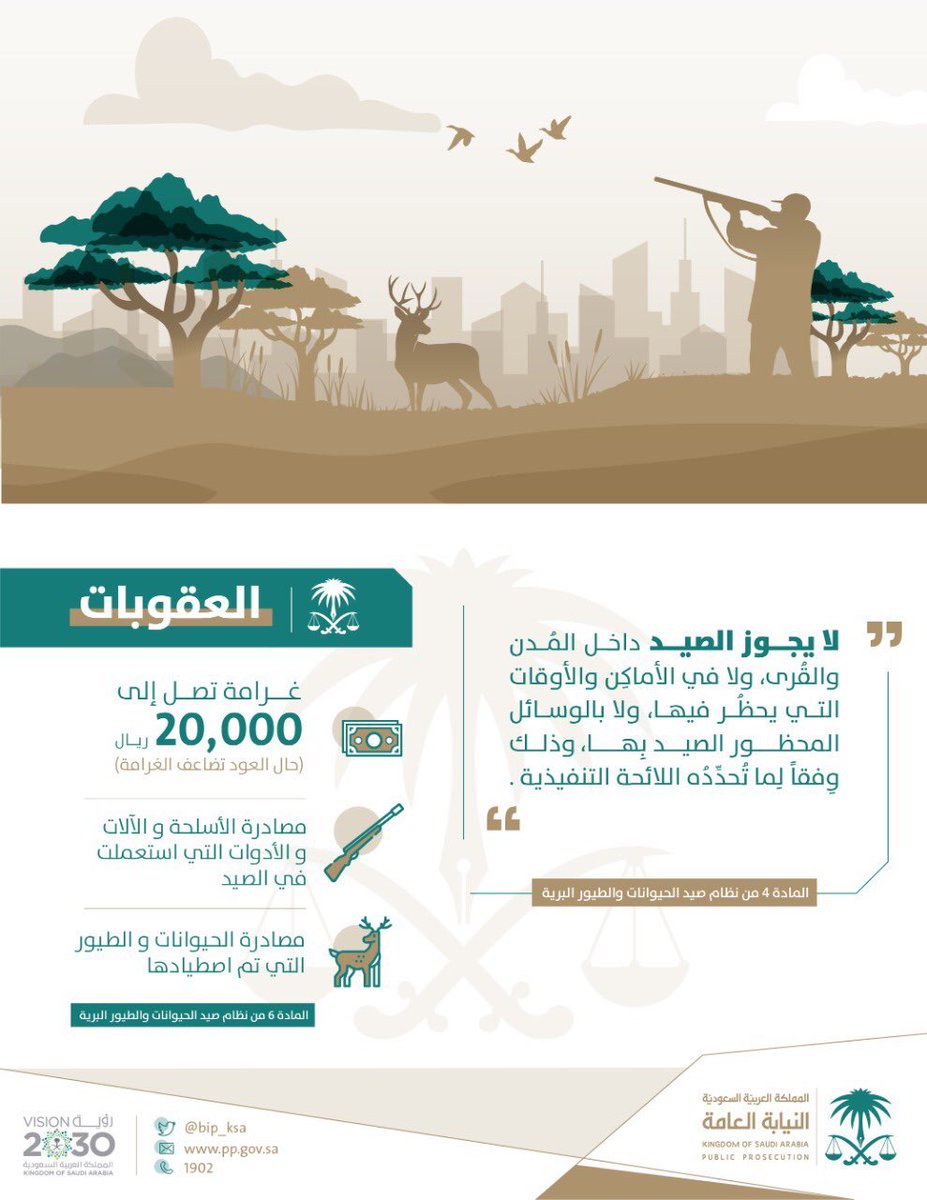 alulaKSA's tweet photo. ��لنيابة العامة
يحظر الصيد داخل حدود الحرمين الشريفين والمدن والقرى وكافة المناطق المحمية، ولا يجوز الصيد في الأماكن والأوقات المحظورة، أو بالوسائل الممنوع الصيد بها كالأسلحة النارية والمسدسات والبنادق وما يُصطاد به أكثر من حيوان دفعة واحدة. https://t.co/syMxj6pTqR