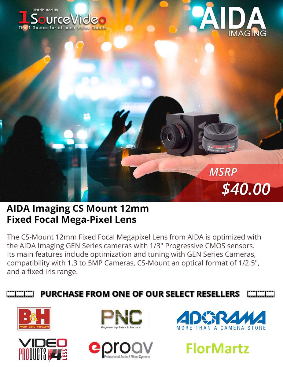 1sourcevideo's tweet photo. The CS-Mount 12mm Fixed Focal Megapixel Lens from @AIDAimaging is optimized with the AIDA Imaging GEN Series cameras with 1/3″ Progressive CMOS sensors. #AIDAImaging #1SourceVideo #DefiningDistribution #BandH #VP4L #PNCEngineering #EProAV #Adorama #FlorMartz https://t.co/JpLlZL1Cnp