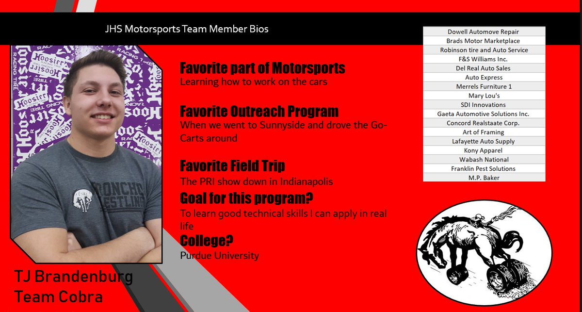 GLCAAUTO's tweet photo. JHS Motorsports Student Spotlight: On this edition of Spotlight, TJ, a 2nd year returning member who came up from engineering also loves automotive! You could say he is very physicaly qualified too. #265Bench #RaceWinRepeat #CobratheBest https://t.co/7L3JHvkSMT