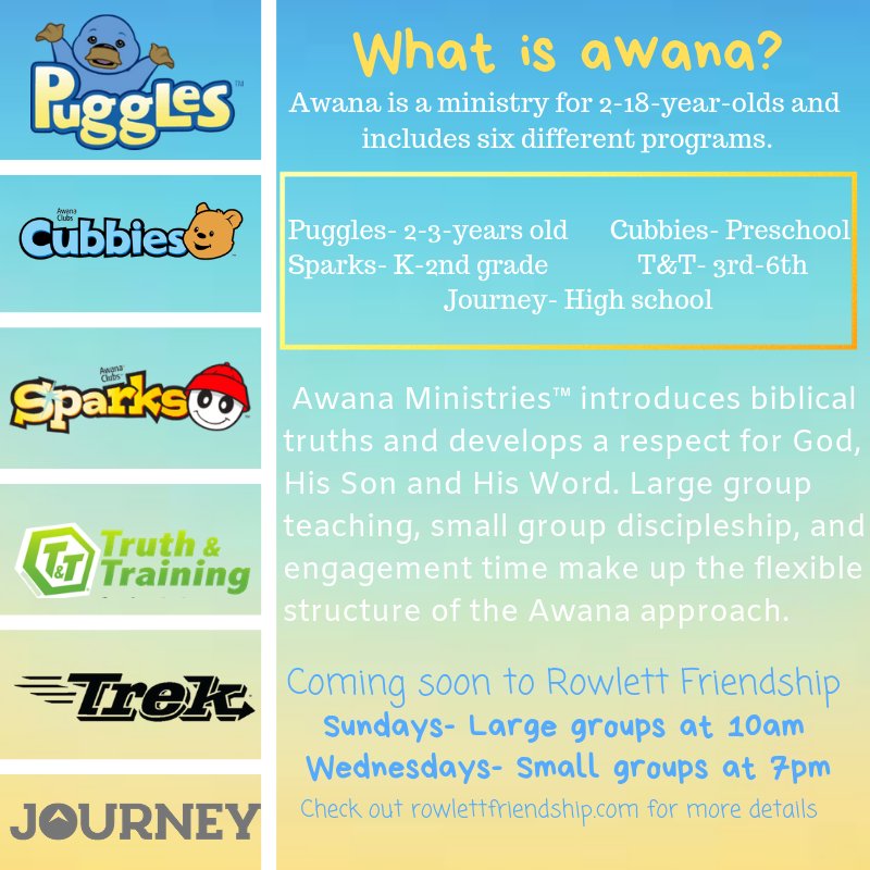 rowlettfriends's tweet photo. Awana offers curriculum that reaches kids & their families with the gospel. This program develops leaders & disciples kids to walk with #ChristForLife https://t.co/WhSWRtX358