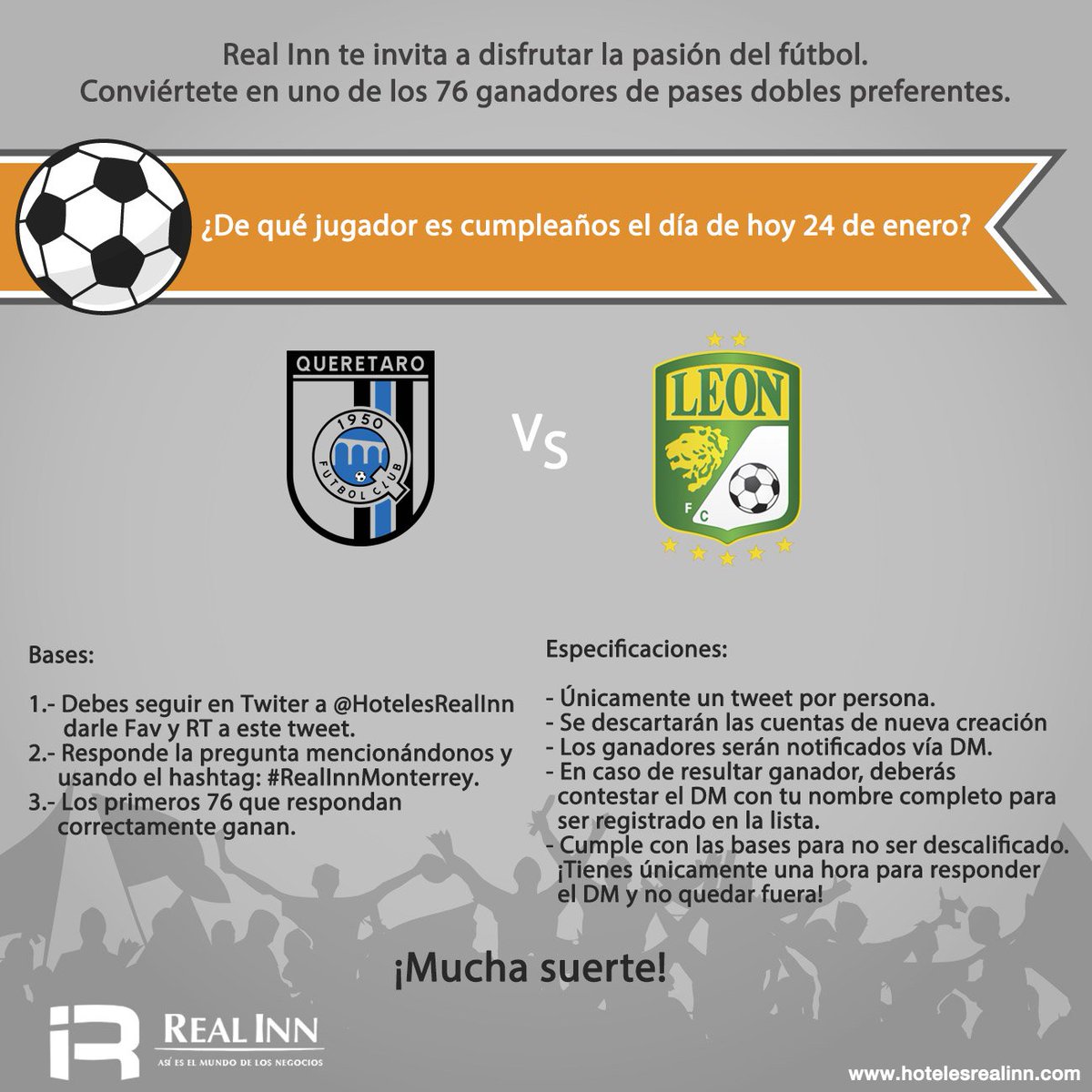 Aquí la dinámica para <a href="/Club_Queretaro/">Gallos Blancos 🐓</a> vs León Tendrás que usar el hashtag #RealInnMonterrey Te invitamos a cumplir todas las reglas.