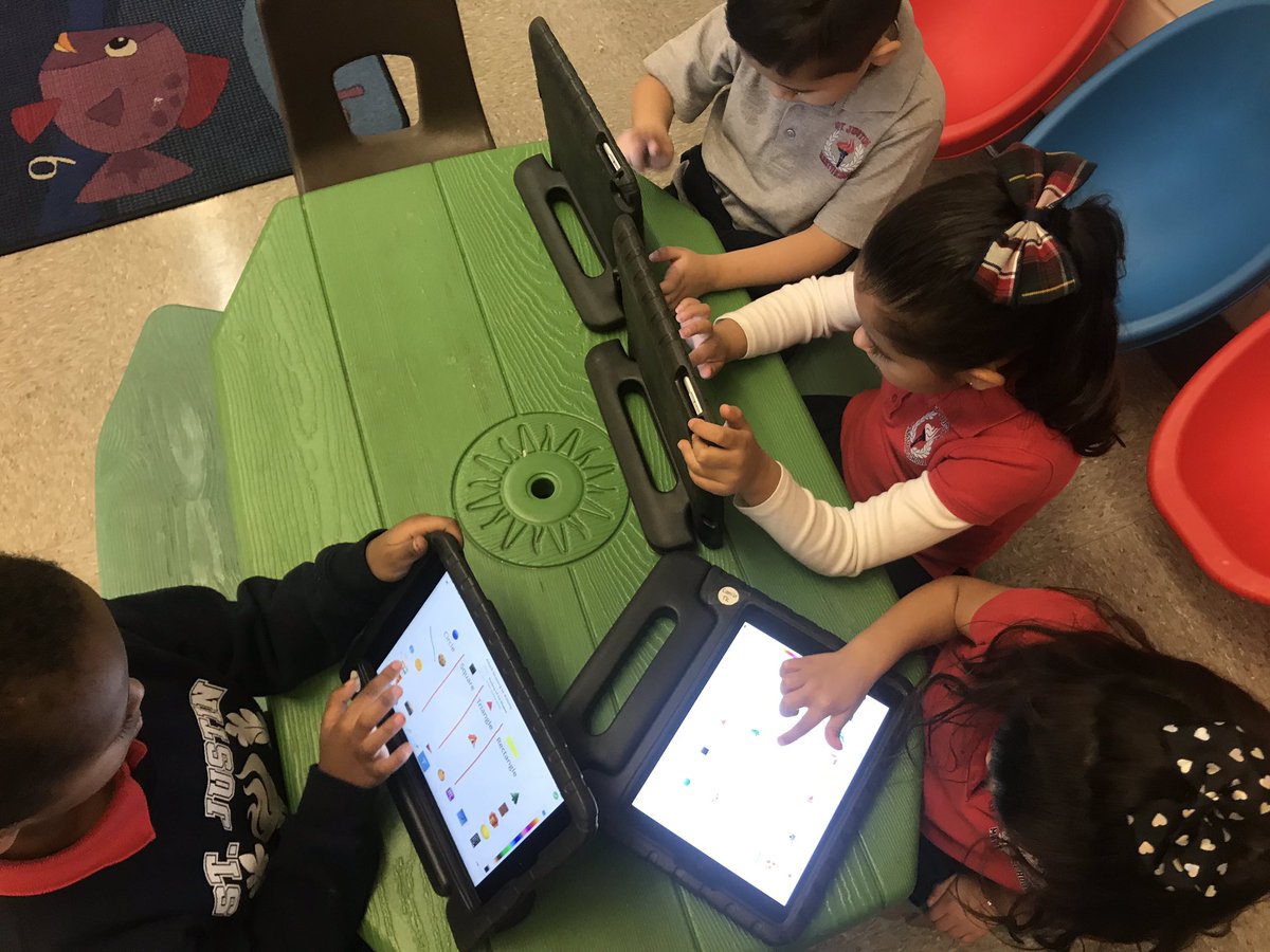 maggie_steiss's tweet photo. Students at St. Justin Martyr School are learning with @Seesaw at one station of their centers today. From geometry in TK to place value in 1st grade, all learners are engaged! #ABLEOC #alwayslearning https://t.co/T6DYfYYGCT