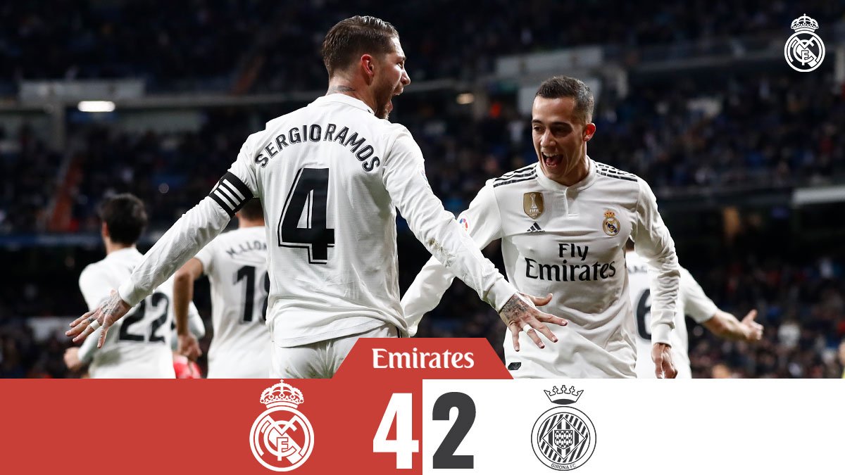 realmadrid's tweet photo. 🏁 FP: @realmadrid 4-2 @GironaFC 
⚽ @Lucasvazquez91 18', @SergioRamos 42' (p), 77', @Benzema 80'; Lozano 7', Granell 67' (p)
#Emirates | #RMCopa https://t.co/oKIUXnZIqR