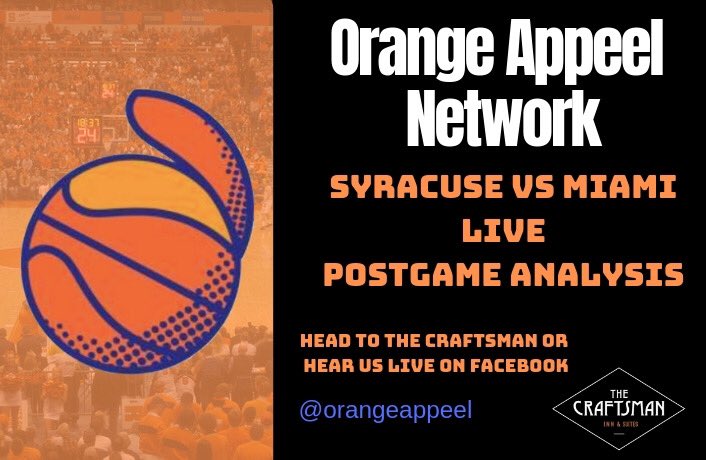 theorangeappeel's tweet photo. Syracuse hosts Miami tonight and looks to keep their winning streak going! As always tune into the Orange Appeel Postgame Show streaming live on our Facebook page after the game #Cuse #syracusebasketball #syrvsmia https://t.co/dDAl6f9wEY
