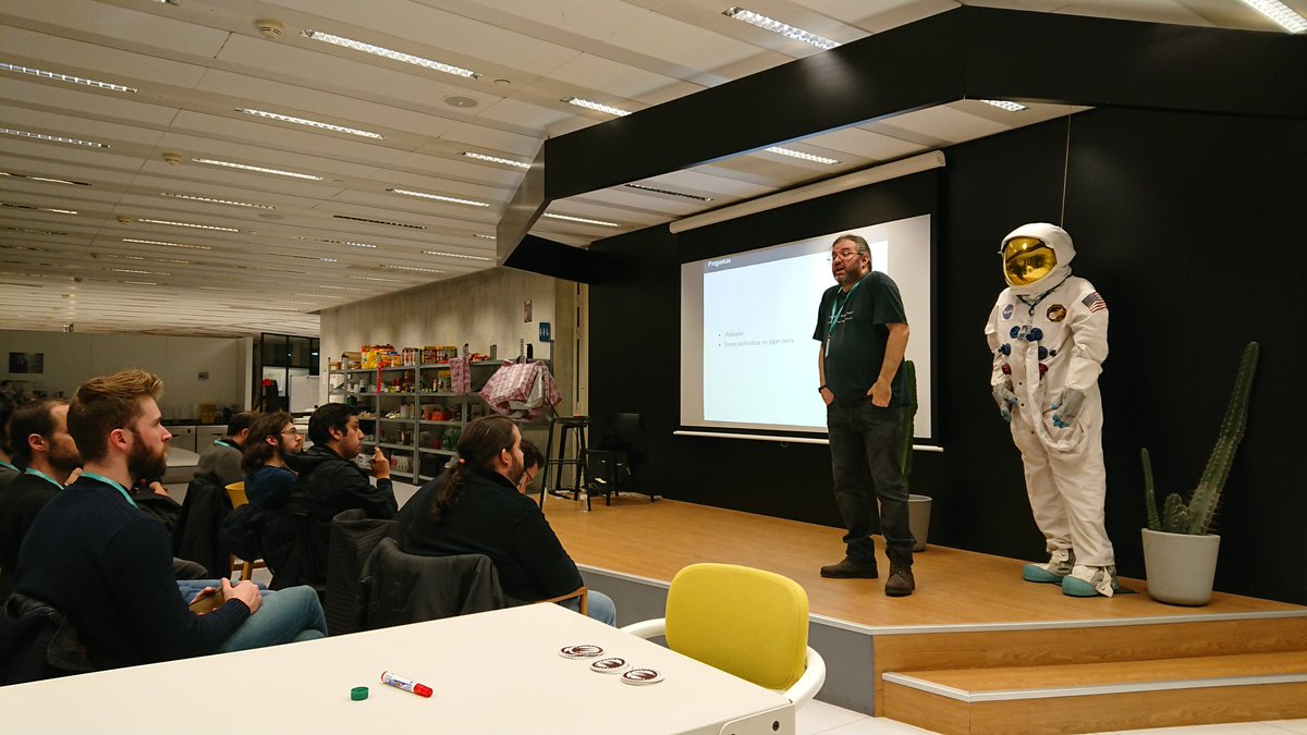bcnrust's tweet photo. Was @koalillo imitating the astronaut or was it the other way around? We'll never know! But what we do know is that he gave an awesome @rustlang talk and encouraged others to do the same! Thank you ❤️! #monitoring #rustlang #bcnrust https://t.co/8iP8ljymjc
