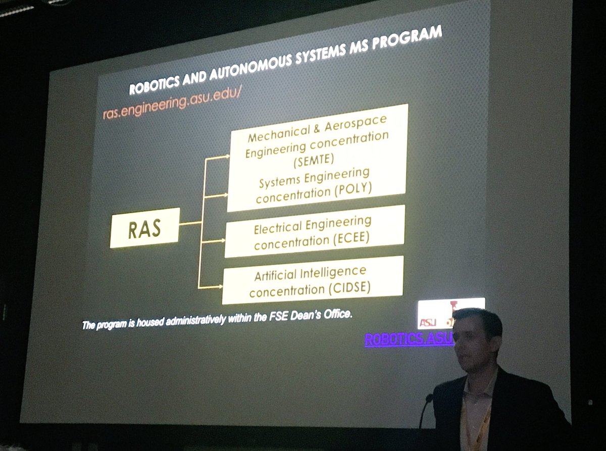 asuriselab's tweet photo. Prof. Artemiadis @partem80 highlights the new master’s program in robotics and autonomous systems at the “what’s happening at ASU” session at @swrs2019 https://t.co/r5QxObtqY0