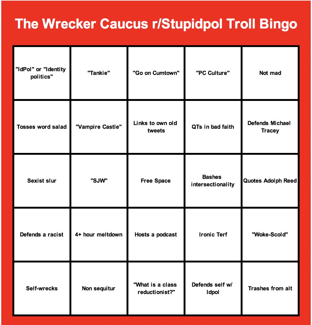 WreckerCaucus's tweet photo. Attention Wreckers!
Thank you for your suggestions for our official "The Wrecker Caucus r/Stupidpol Troll Bingo" We've taken your suggestions and randomly generated four distinct cards to use when you're dealing with a stupidpol troll!
#WreckerTwitter https://t.co/6rrTNceHyq