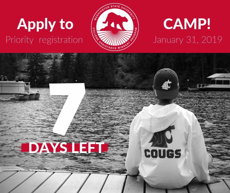 🗣PRIORITY REGISTRATION *7 MORE DAYS* CAMP is taking priority registration up to Thursday, January 31!!! Be sure to get your application submitted through our website at camp.wsu.edu/apply/ or shooting an email to us for a PDF version at wsucamp@wsu.edu. Please share 🙌