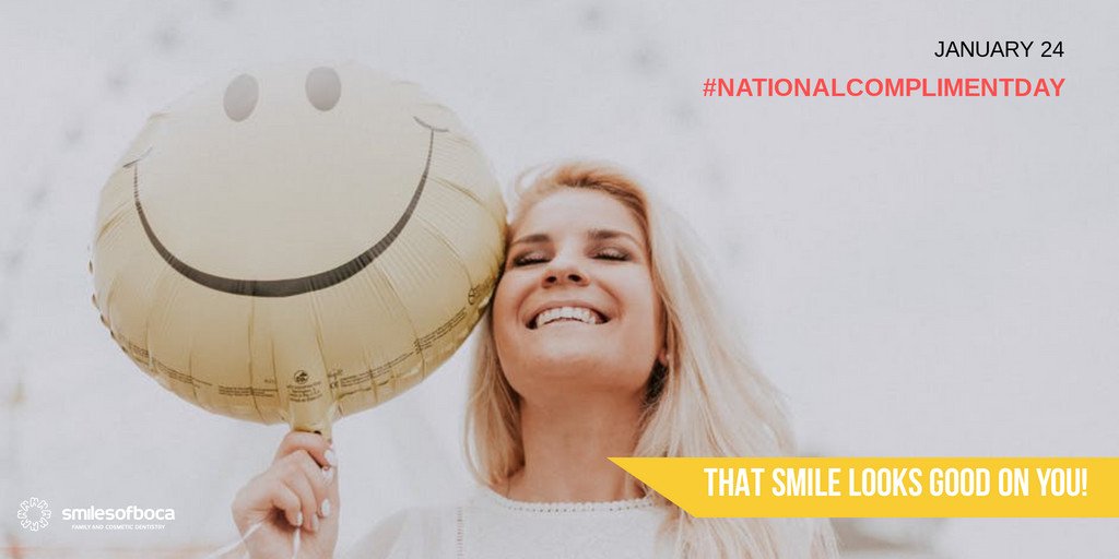 smilesofboca's tweet photo. We love your smile! It's #nationalcomplimentday , don't forget to compliment someone's smile today! Or stop by our office for a COMPLIMENTary consultation 😜 #smilesofboca #bocaraton #dentist #smile https://t.co/DUPiyeqJH1