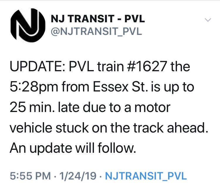 DBrown645's tweet photo. @PVLWarriors @FuckNjTransit @NJTrainDelays @NJTRANSIT @aew1776 @NJTRANSIT_PVL @NJPublicTransit Why do we have to wait for a tow truck to move a car off the tracks? Can’t they just push it a few feet to get it off the tracks. The 1631 is not moving. #PVLHell https://t.co/qkAoIpEmqg