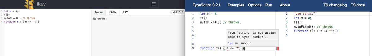 basarat's tweet photo. #TypeScript vs. #Flow /cc @SeaRyanC 
Why TS Passes: Tries to be more deterministic (less flowing types)
EX1: TS inferres string|number array instead of trying to flow in edge cases 
EX2: Once again, TS inferres number and holds you to it instead of flowing
#JavaScript 🌹 https://t.co/nGA6CqbRRL