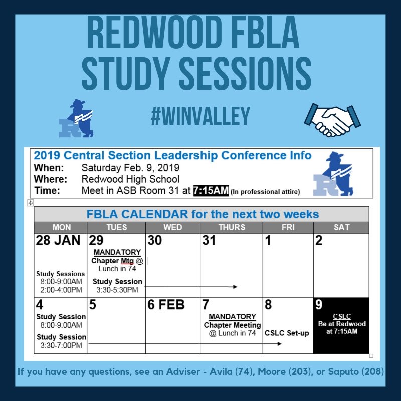 RedwoodFBLA_'s tweet photo. Here is our upcoming Section STUDY SESSION &amp; MEETING SCHEDULE! Let's work hard as we prep to #WinValley! :) https://t.co/glEuWnzaAG
