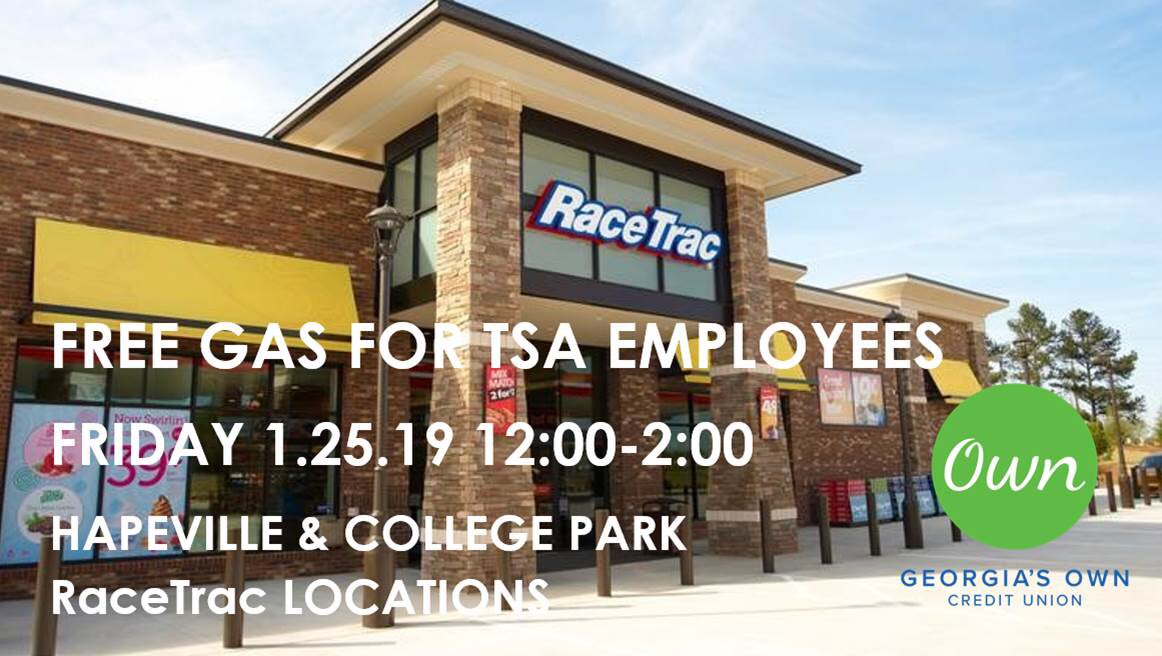 GeorgiasOwn's tweet photo. If you’re an Atlanta @TSA employee, come see us at the Hapeville or College Park @RaceTrac locations tomorrow from 12-2 for 8.5 gallons of FREE gas! ⛽️#85thAnniversary #85ActsOfKindness https://t.co/s682MMUaz6