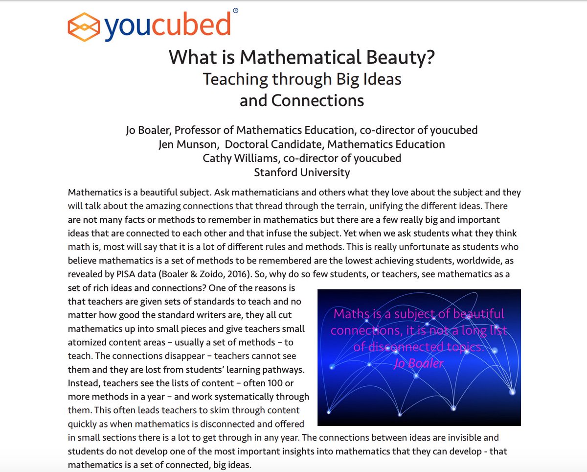 youcubed's tweet photo. Do you believe that mathematics is a set of beautiful, connected, big ideas? Check out this paper highlighting Big Ideas for K-8 and inspiring connections that will help with your teaching 🤩 https://t.co/4g4cwtQtQV https://t.co/U2W0jy8DEt