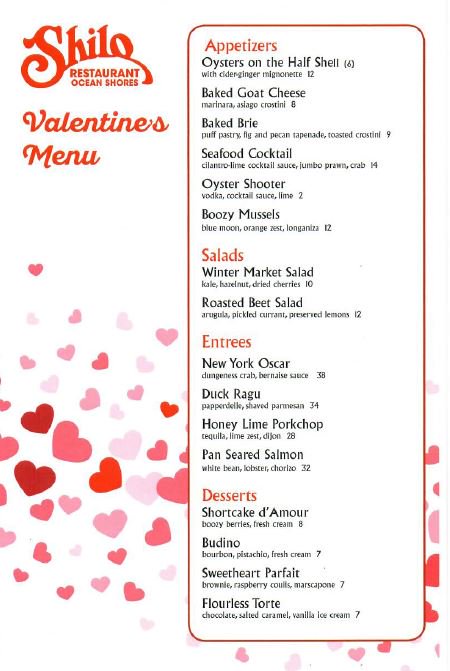 This just in!  Valentine's Menu released...so many yummy options to choose from!  #shiloinn #oceanshores #ValentinesDay #Romantic