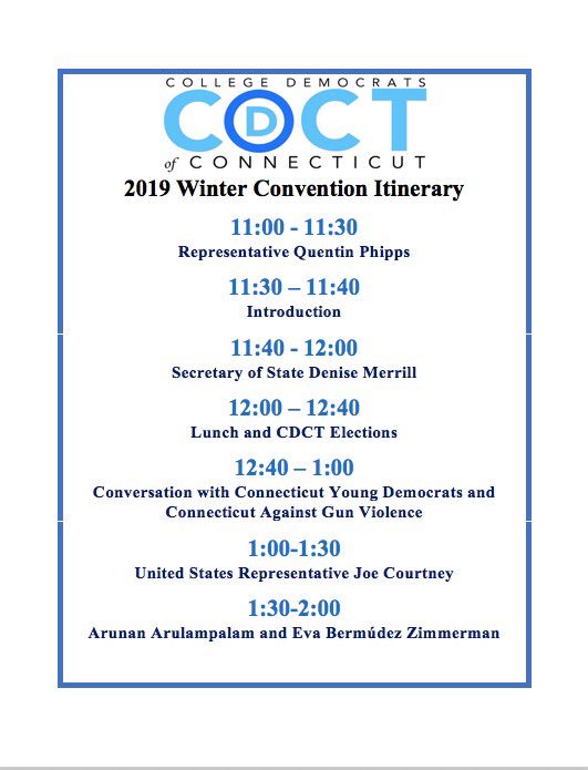 CollegeDemsCT's tweet photo. We are excited to welcome our chapters to the 2019 CDCT Winter Convention! The event will be in Vernon Social this Saturday and we have some incredible speakers lined up! Also included are discussions on legislative advocacy and elections for our next CDCT Executive Board! https://t.co/lYtnhCTnRr
