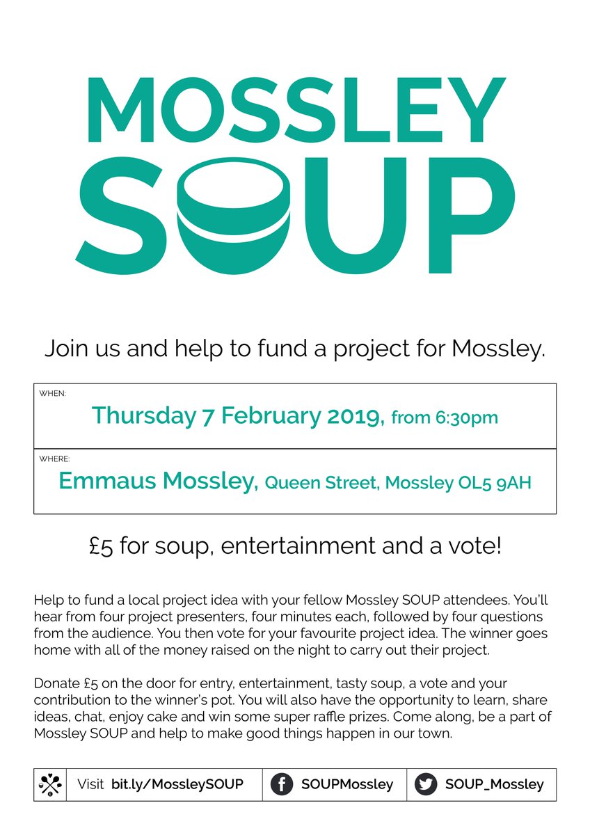 soup_mossley's tweet photo. We have four diverse projects lined up for the next #MossleySOUP on 07/02/19 @emmausmossley. 

Come and find out more, give them your support and enjoy some real tasty fresh soup! For more info visit https://t.co/vKR6QbbI1b 

#Mossley #Tameside #community https://t.co/z4Pe64Gros