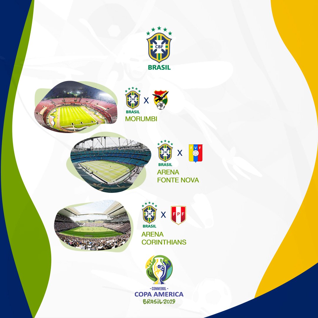 CBF_Futebol's tweet photo. Os estádios que receberão a #SeleçãoBrasileira na primeira fase da Copa América. Certeza de muita festa nesses 3 grandes palcos do futebol brasileiro! 🏟️⚽️🇧🇷 https://t.co/peLx796OQn