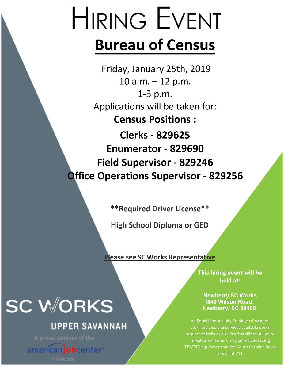 The Bureau of Census is #hiring clerks, enumerators, field supervisors &amp; office operations supervisors in Newberry tomorrow. #Hiring event Friday, 1/25, 10 a.m.-12 p.m. &amp; 1-3 p.m. See flyer for job order #'s &amp; more information. #NewberryCountyJobs #UpperSavannahJobs #SCJobs