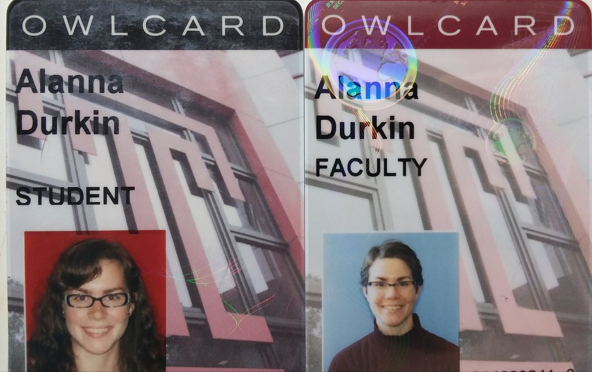 A side by side photo of my Temple student ID with long hair and my new Temple faculty ID with pixie cut