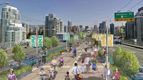 cbcnewsbc's tweet photo. Granville Bridge re-design halves number of car lanes for central greenway https://t.co/7GLP6Iar4L https://t.co/XBxEVcijUI