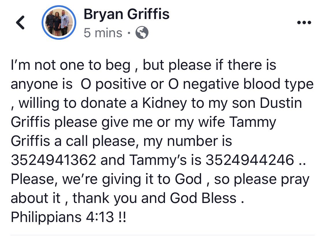 TammyGriffis's tweet photo. Please someone donate a kidney to our son, Dustin Griffis https://t.co/YVENgRc6Sw
