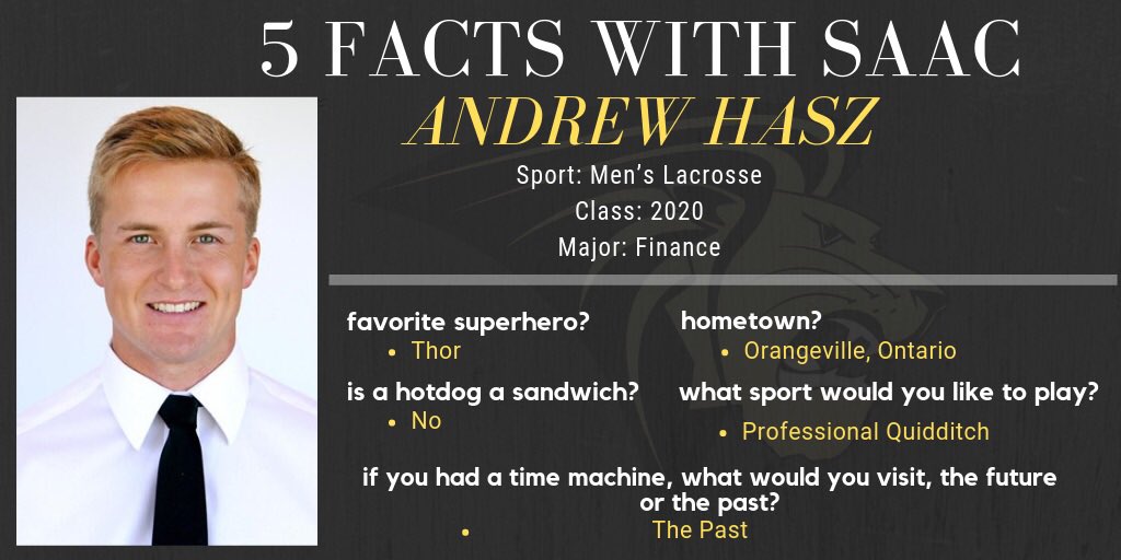 LULionsSAAC's tweet photo. Next up get to know @LindenwoodLax Rep and Exec Board member Andrew Hasz (you can just call him Hasz). Hasz is a junior and serving in his first year on Exec Board.
Bonus Fact: Hasz does NOT believe a hot dog qualifies as a sandwich. #SAACRepLife #OneRoar https://t.co/6DzZ2jrhg7
