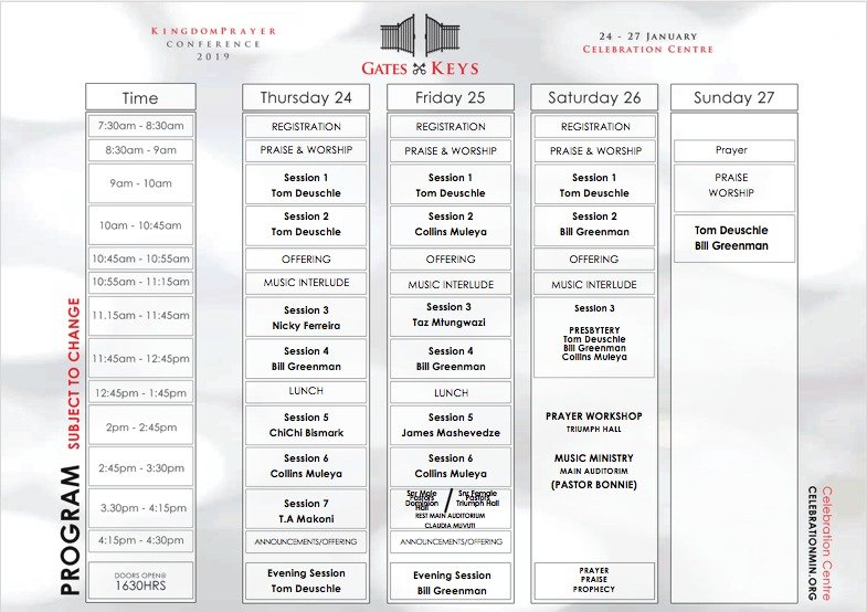 celebrationmin's tweet photo. We've adjusted the program for the Kingdom Prayer Conference for the next two days. Please share with everyone who is looking forward to a specific speaker and time. Thanks! #KPC2019 #GatesAndKeys #HisWordHisSpirit https://t.co/OzMsrI6xDk