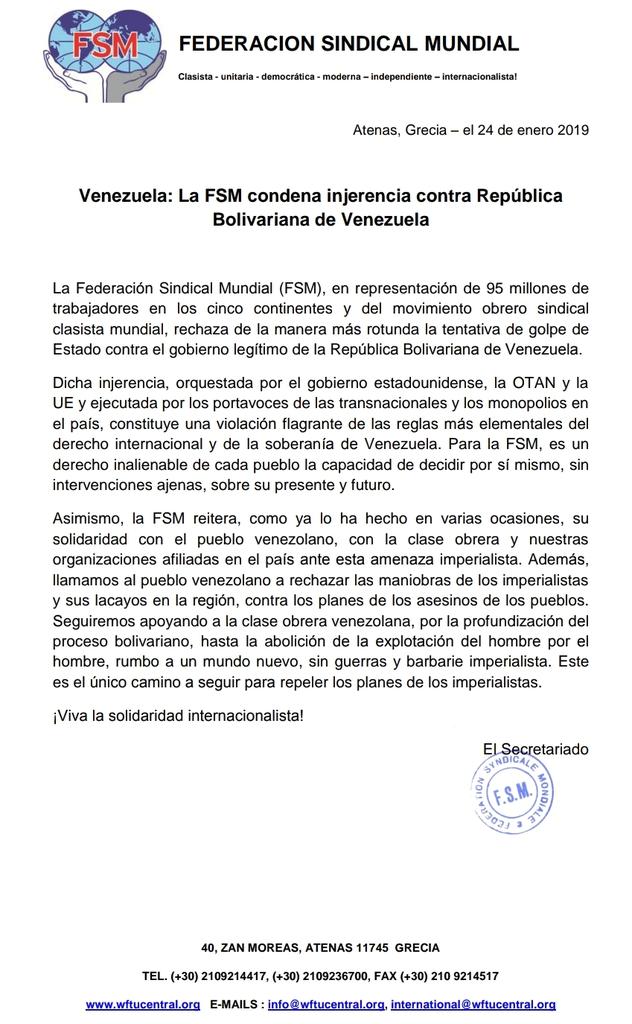 JObreraCBST's tweet photo. Solidaridad de la clase obrera del mundo hace llegar comunicado desde Atenas Grecia sede de la Federación Sindical Mundial organizacion sindical que agrupa mas de 95 millones de trabajadores de los cinco continentes .@cbolivariana .@JObreraCBST respaldo rotundo .@NicolasMaduro https://t.co/0FBprE0LJK
