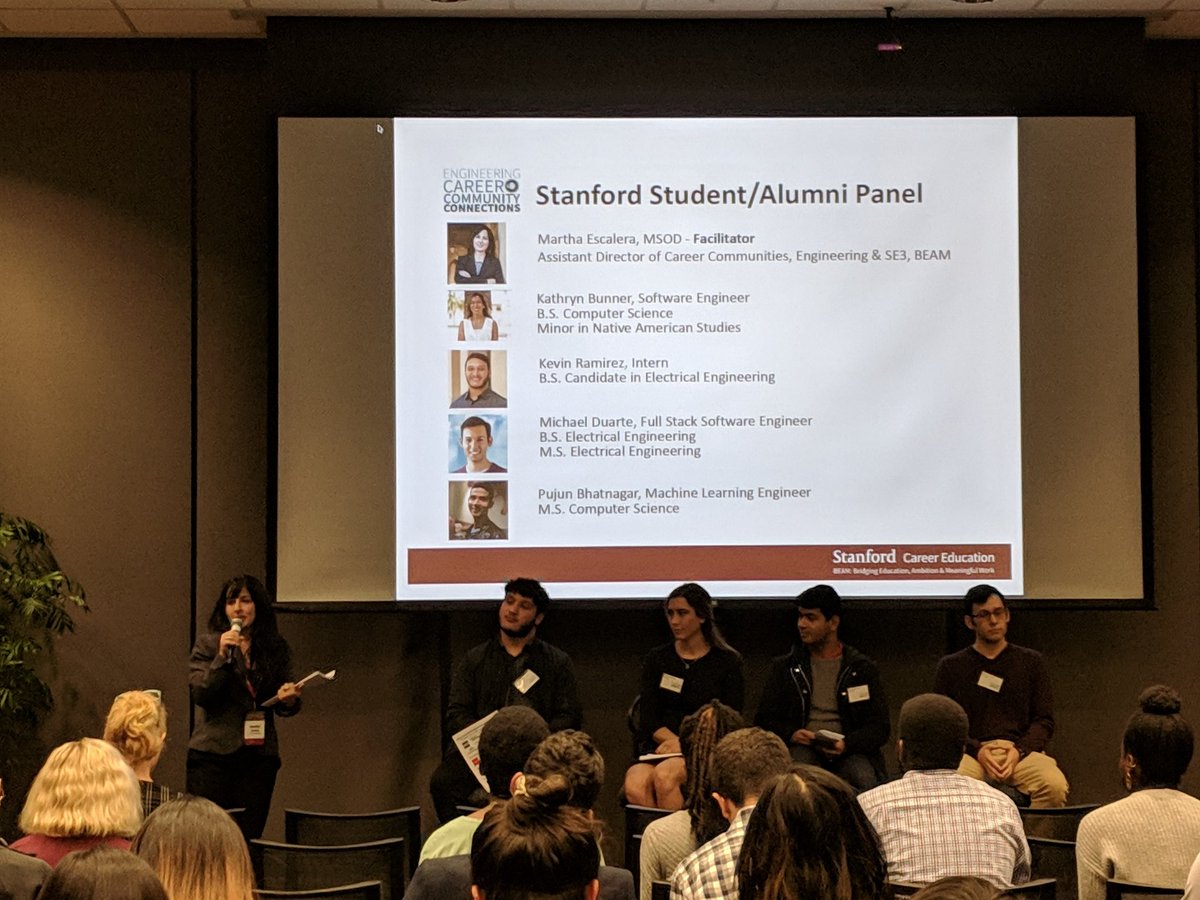 Student/alumni panel #BEAMEC3  Way to go <a href="/marthamescalera/">M</a> facilitating the conversation! Most useful skills: be personable; don't be afraid to be wrong--you have a fresh perspective, get support--talk about the job search with friends/community <a href="/StanfordBEAM/">Stanford Career Edu.</a>