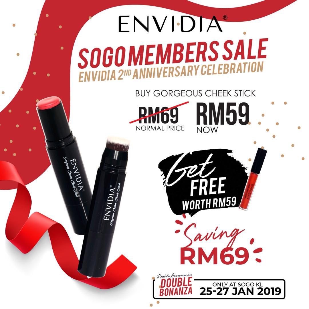 Compact and convenient, makeup doesn't need all the struggle! ENVIDIA Flirty Pearl Shadow Stick & ENVIDIA Gorgeous Cheekstick are perfect for you!

HAPPENING TODAY, SHOP Double Awesomeness, Double Bonanza on the 25th-27th January ONLY at ENVIDIA BEAUTY BAR, SOGO, KL!