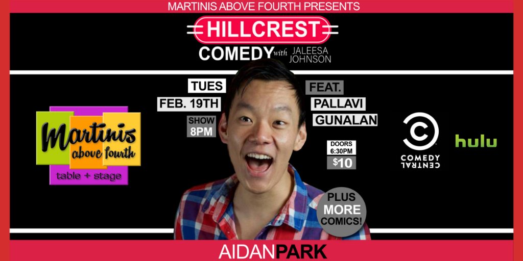 HillcrestComedy's tweet photo. Tickets for next month's @HillcrestComedy show ON SALE NOW! Headliner @AidanParkShow will be taking the stage with feature @PallaviGunalan ! Also performing @carlita_bear Billy Orme and your host @tweetjaleesa! $10 Tickets here: https://t.co/2cKyyGMNhM https://t.co/EsrmtsBCPW