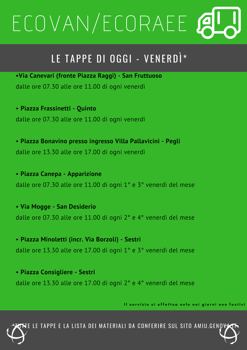 AmiuGenova's tweet photo. Ecco qua gli appuntamenti dell'Ecovan di oggi! @ComunediGenova #Amiuinforma #differenziati #Genovacontroildegrado #partedate #ioAmiuGenova https://t.co/PcPg09aWEG