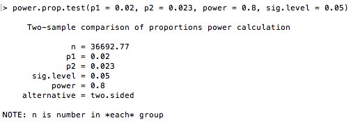 Hi <a href="/arend78/">Arend</a> and <a href="/onlinedialogue/">Online Dialogue</a>.  It looks like you have a bug in your A/B test size calculator available at abtestguide.com/abtestsize/. The  'power.prop.test' returns the sample size per group and not for the  total test.