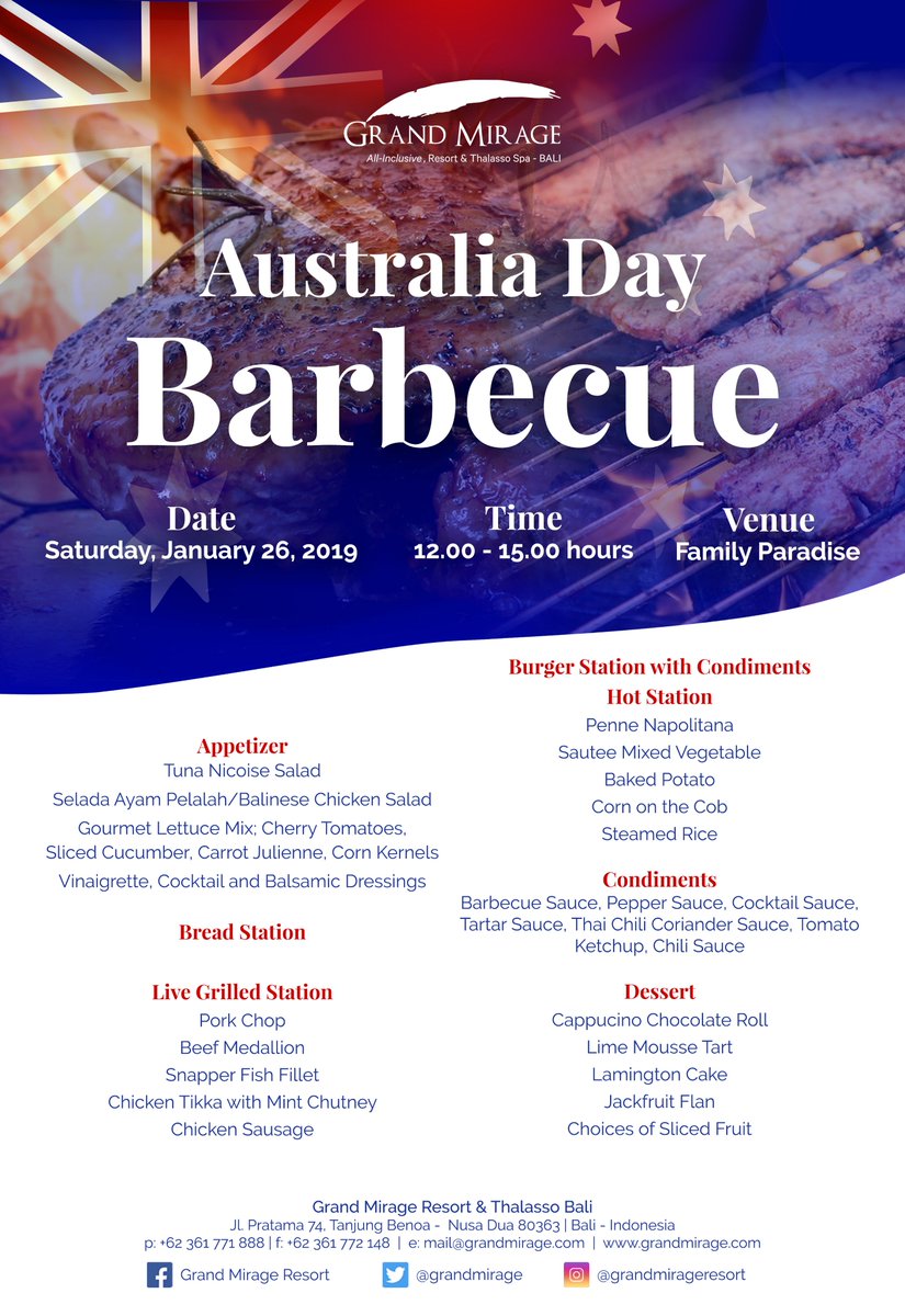 grandmirage's tweet photo. To celebrate the Australia Day, our Executive Chef curates special Australia Barbecue Dinner which will be held in the Family Paradise Area.  Offering plenty of delightful dishes, starting from Beef Medallion to the sweetest dish of the night, the Cappuccino Chocolate Roll. https://t.co/31082xpPFi