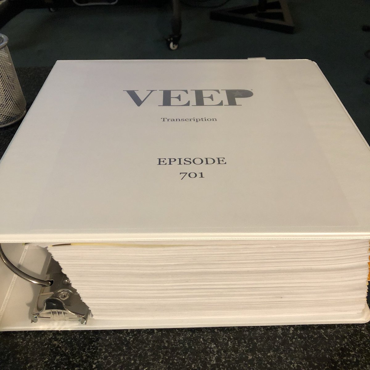 DavidHMandel's tweet photo. From the #veep #editingroom: #ep701 #transcript of every take of every scene. We do this for every episode so we can find different lines. #bts @veephbo https://t.co/efCkO7yWSd